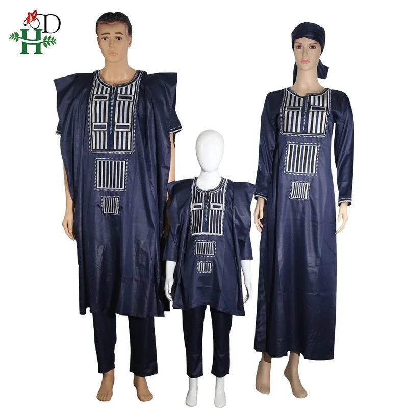 H&D African Couple Dress Family Parent Kid Set Tops Pant 3 Pieces Father Mother Boy Dashiki Women Men Suits Party Clothes