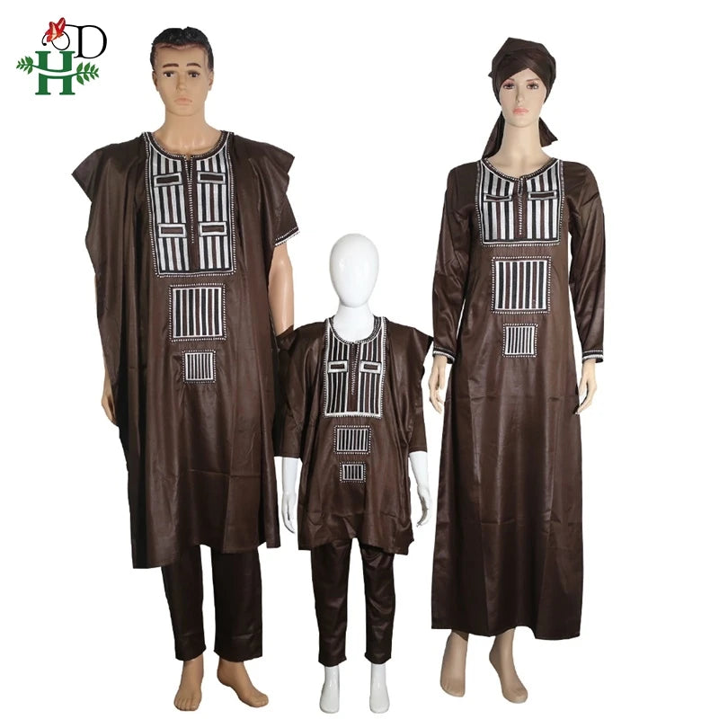 H&D African Couple Dress Family Parent Kid Set Tops Pant 3 Pieces Father Mother Boy Dashiki Women Men Suits Party Clothes