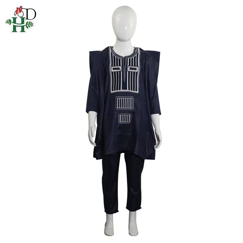 H&D African Couple Dress Family Parent Kid Set Tops Pant 3 Pieces Father Mother Boy Dashiki Women Men Suits Party Clothes