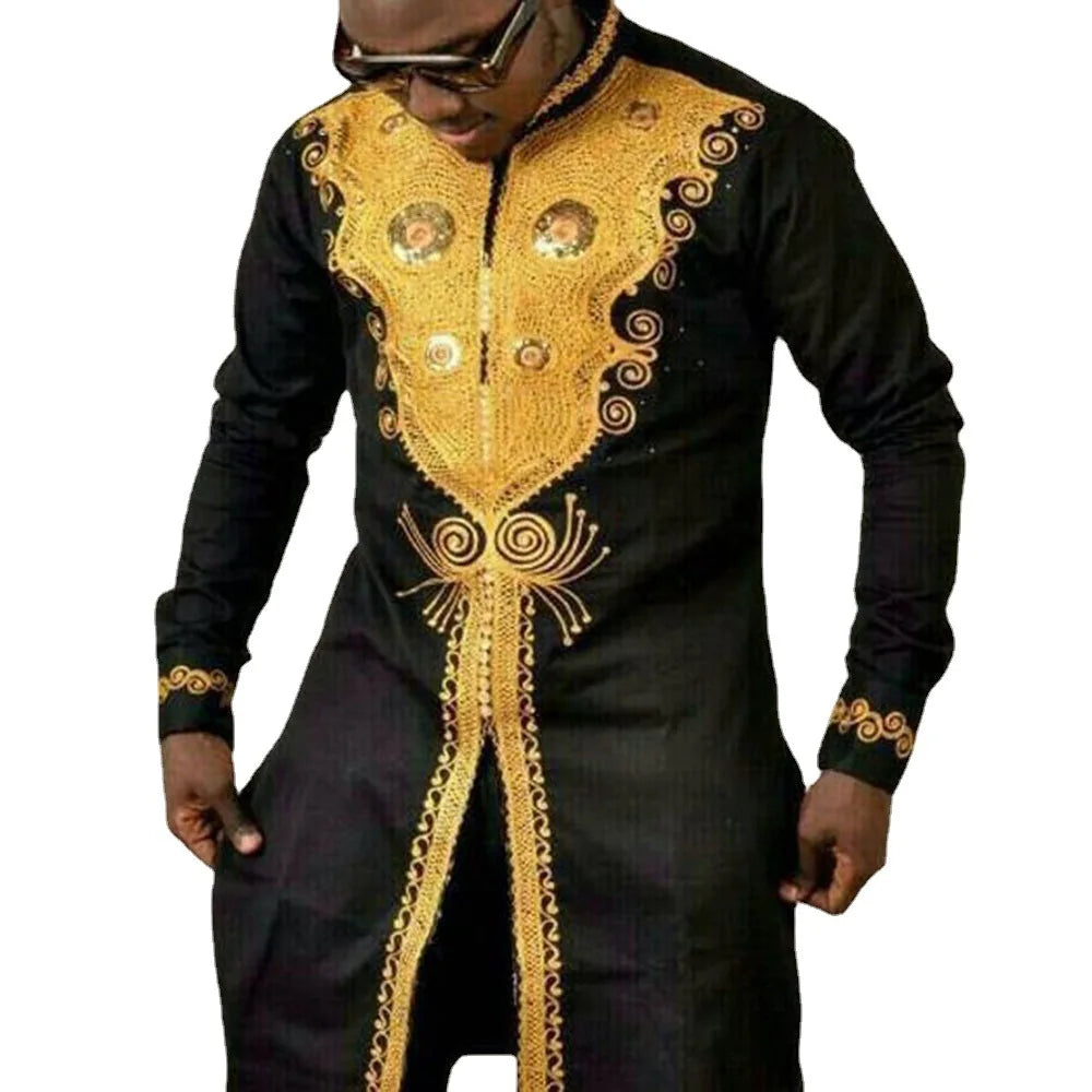 African Men Clothes Luxury Metallic Gold Printed Stand Collar Shirt African Men Traditional Outfit