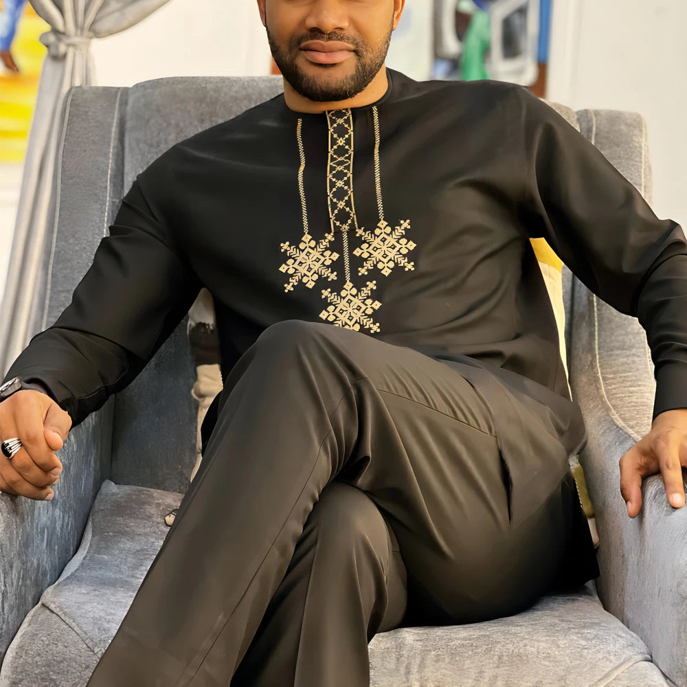 2024 African Dress, Men's groom shirt and trousers two-piece suit, embroidered .