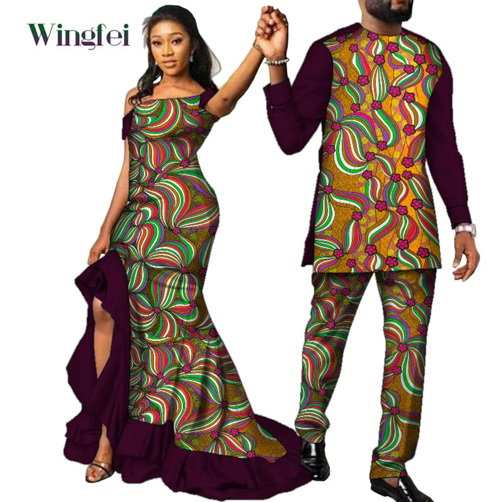 Fashion Couple African Dress Print Women Maxi Long Dresses Suit African Clothes Lovers Outfit