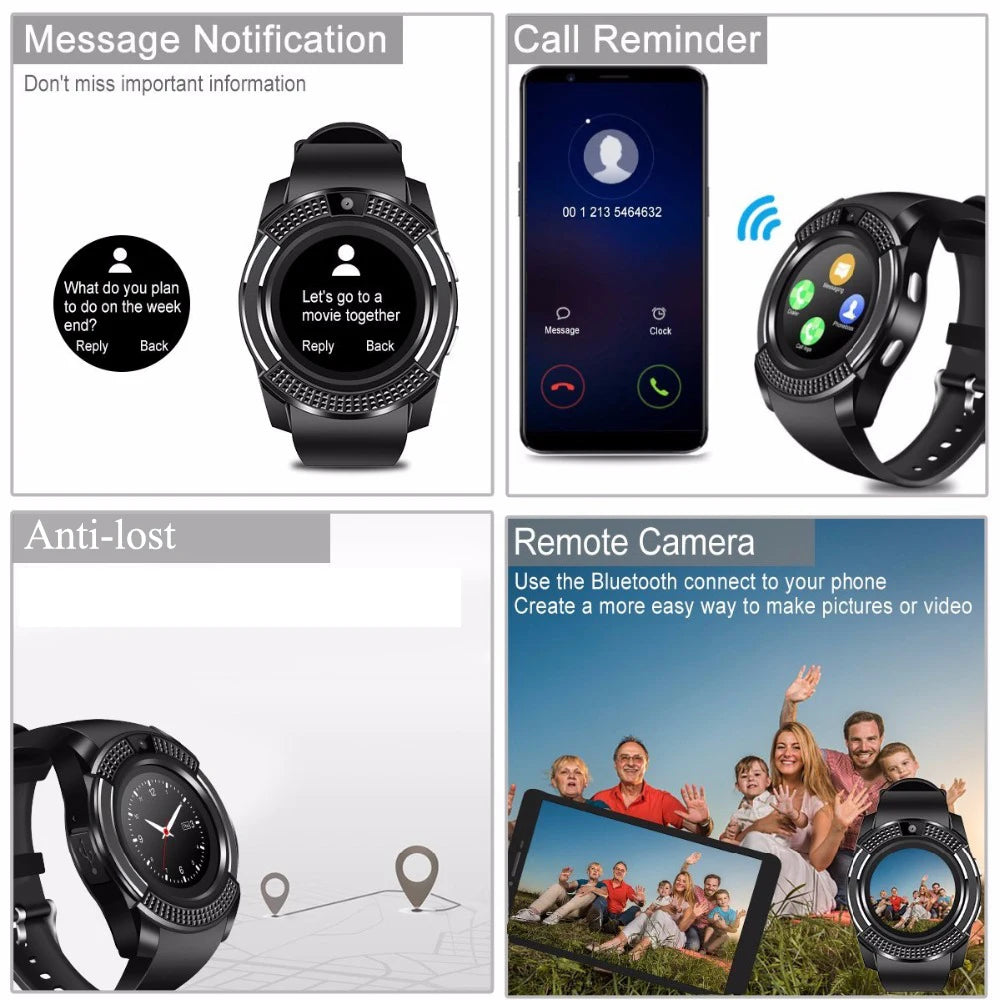 T8 V8 Bluetooth Sports Smart Watch with Camera WhatsApp Support SIM TF Card Call For Android Unisex