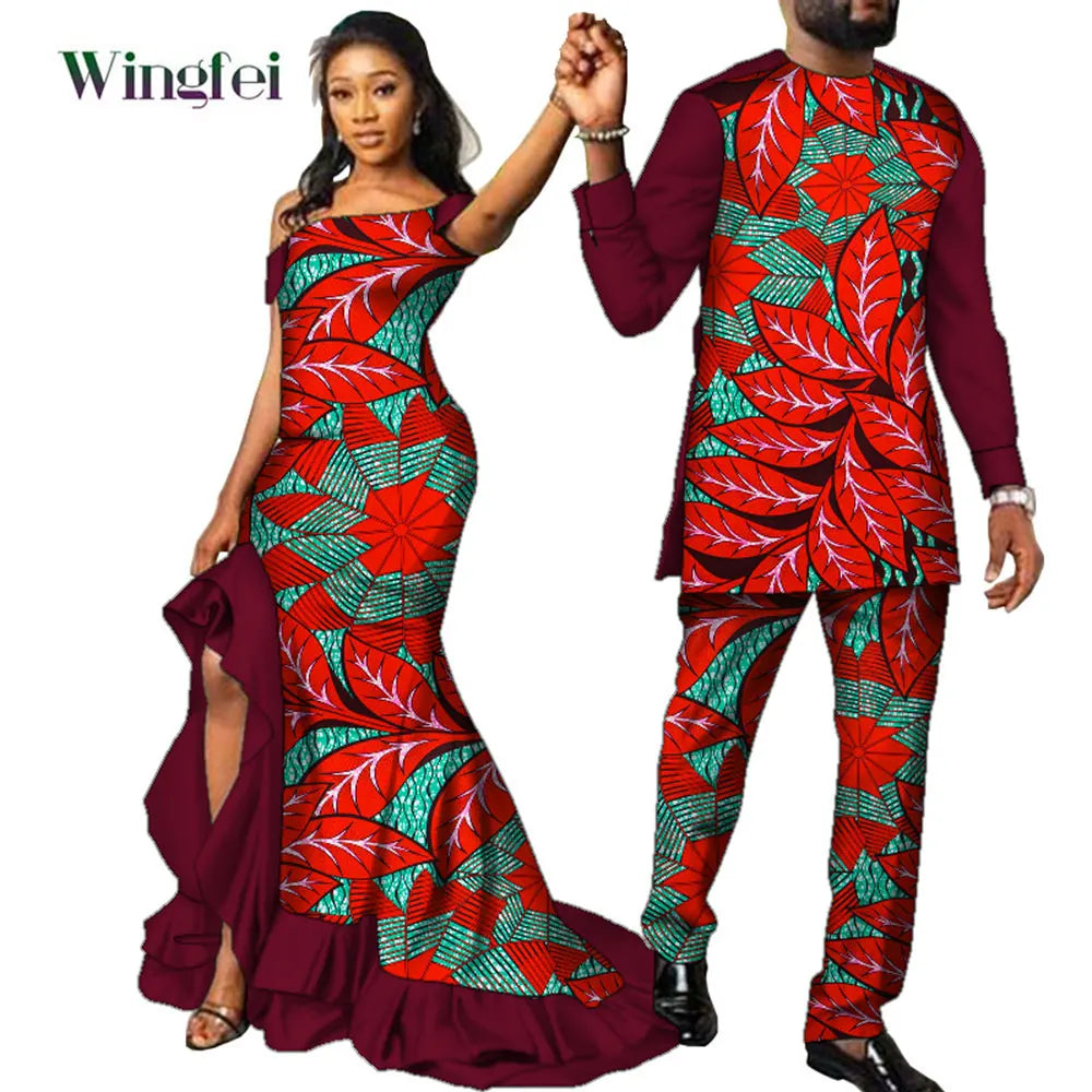 Fashion Couple African Dress Print Women Maxi Long Dresses Suit African Clothes Lovers Outfit