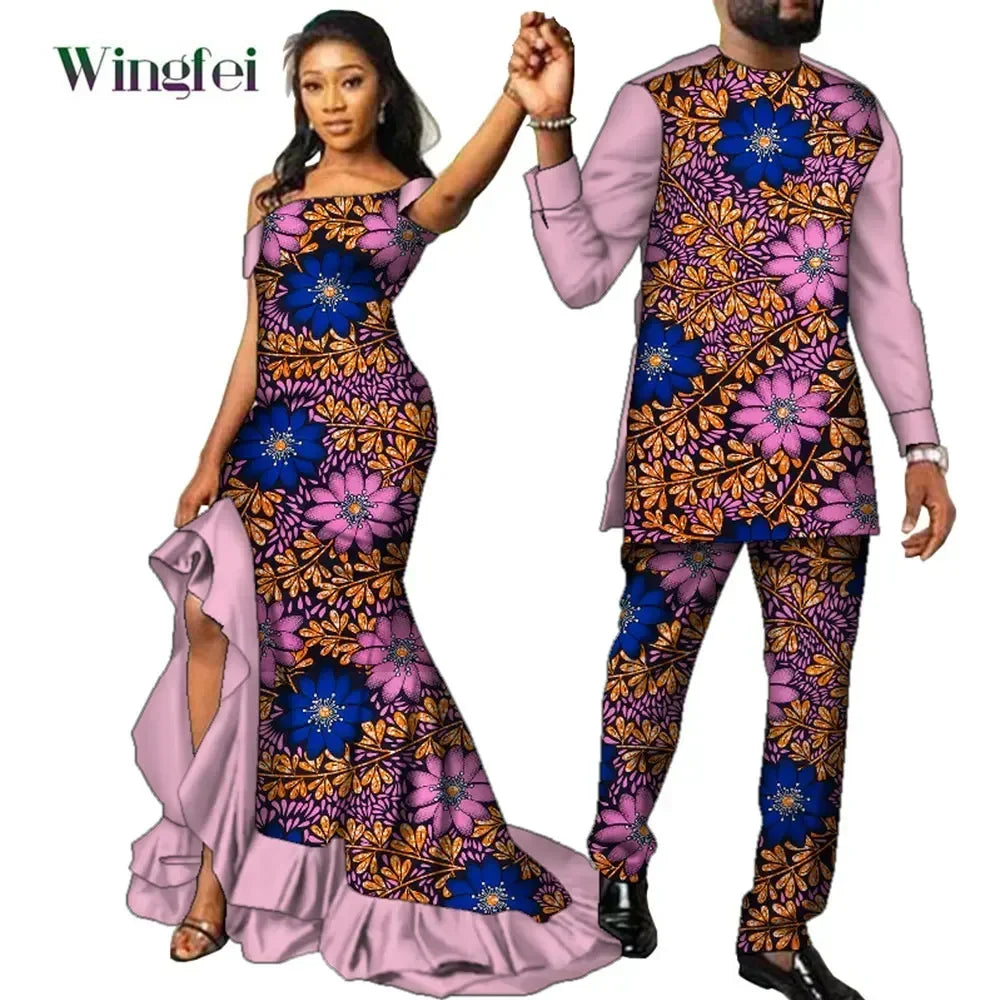 Fashion Couple African Dress Print Women Maxi Long Dresses Suit African Clothes Lovers Outfit