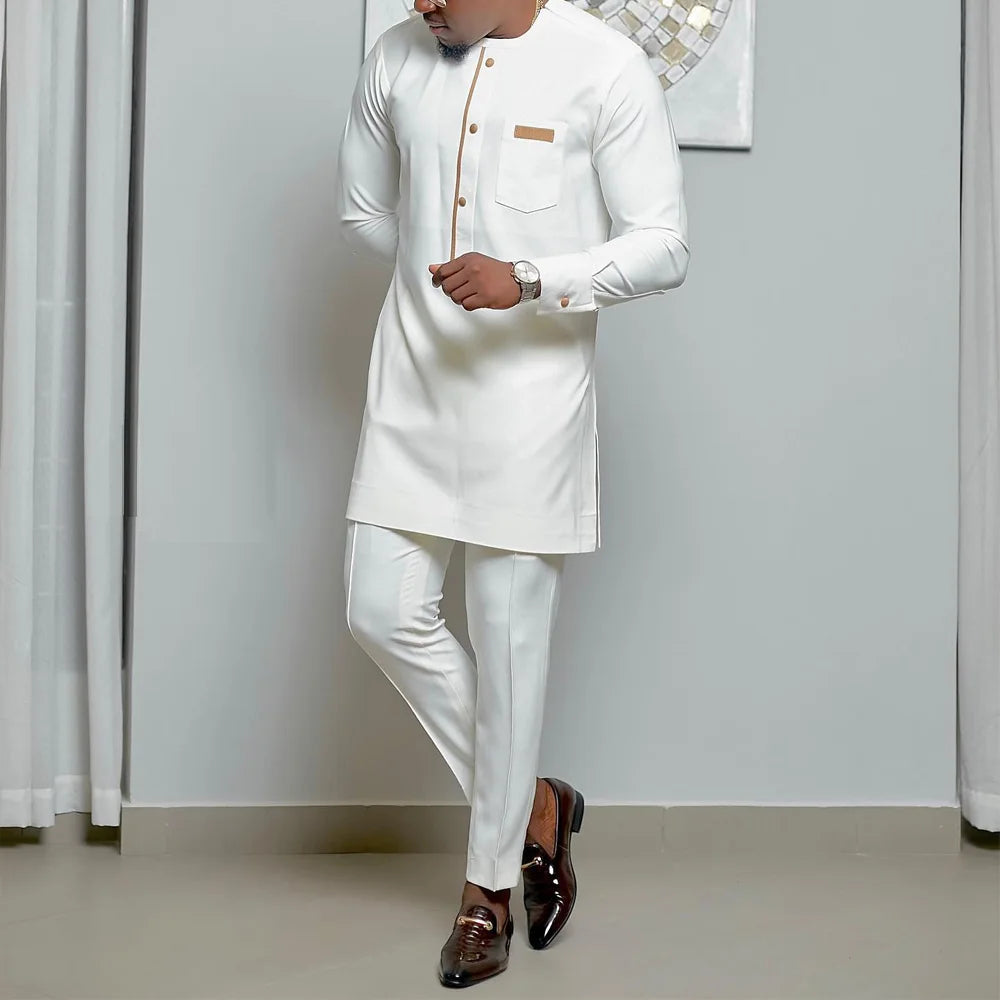 2024 African Dress, Men's groom shirt and trousers two-piece suit, embroidered .