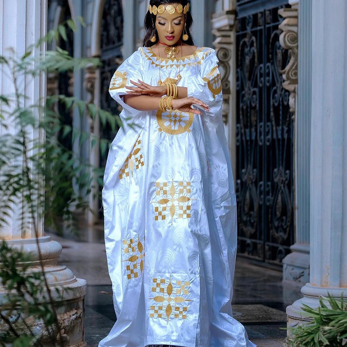 Gold Embroidery Bazin African Women Long Robe 2024 High Quality Party Wedding Bride Dresses