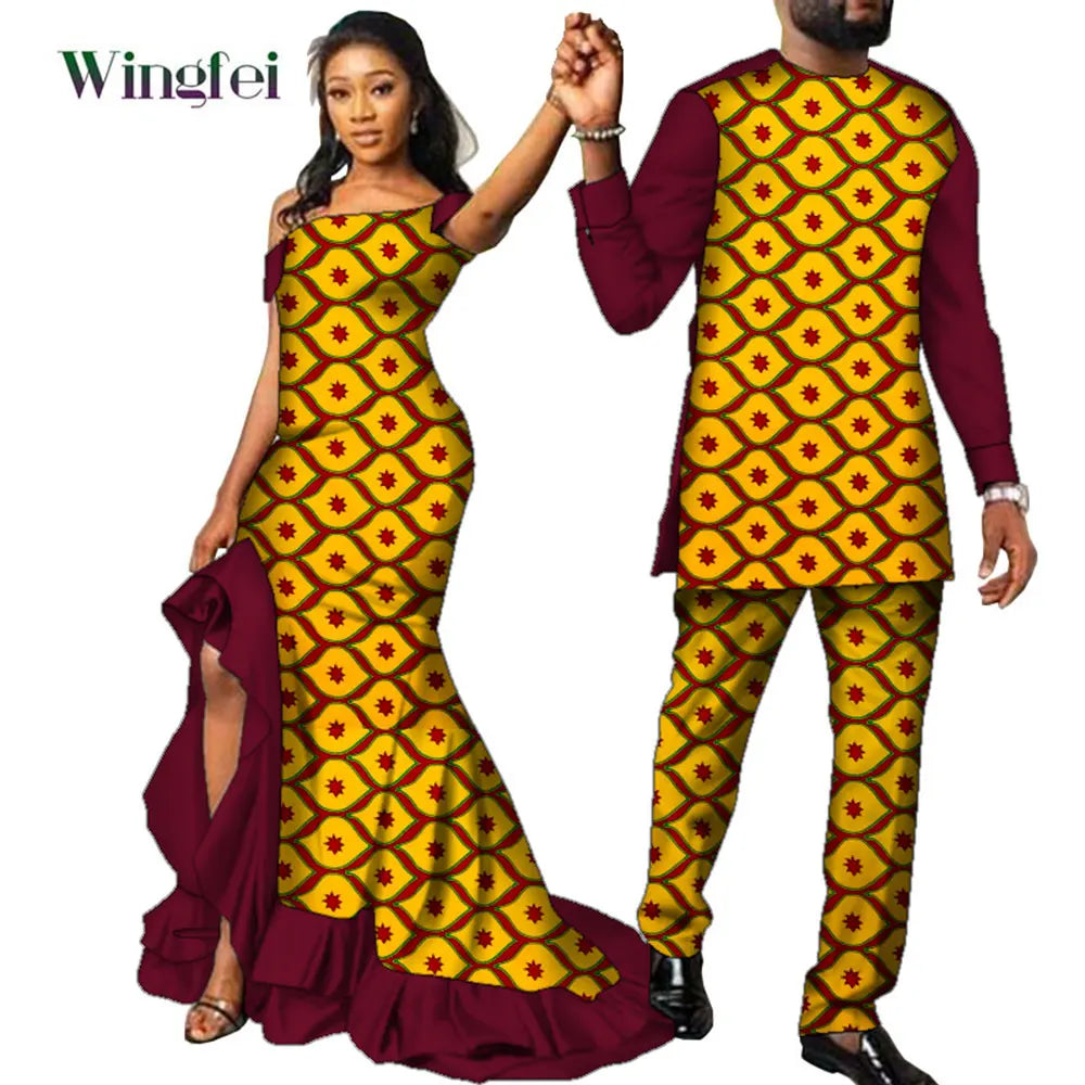 Fashion Couple African Dress Print Women Maxi Long Dresses Suit African Clothes Lovers Outfit