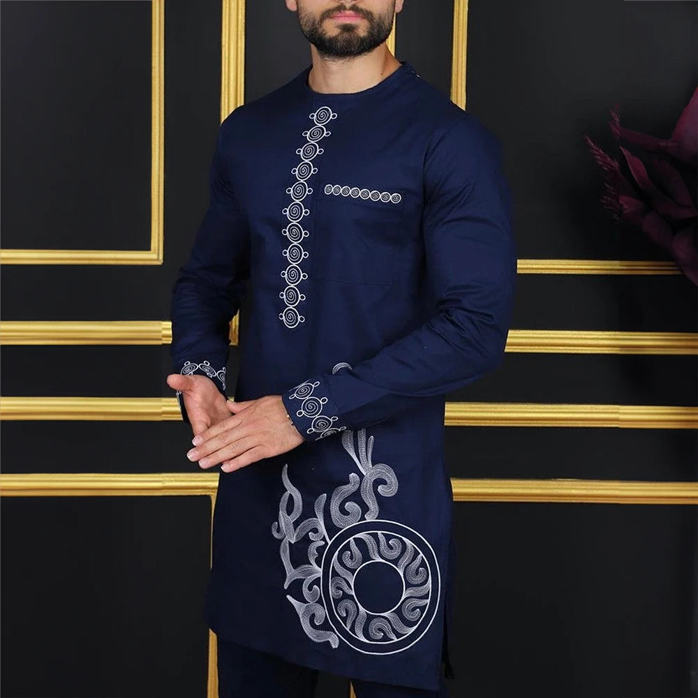 2024 African Dress, Men's groom shirt and trousers two-piece suit, embroidered .