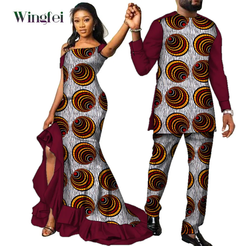 Fashion Couple African Dress Print Women Maxi Long Dresses Suit African Clothes Lovers Outfit