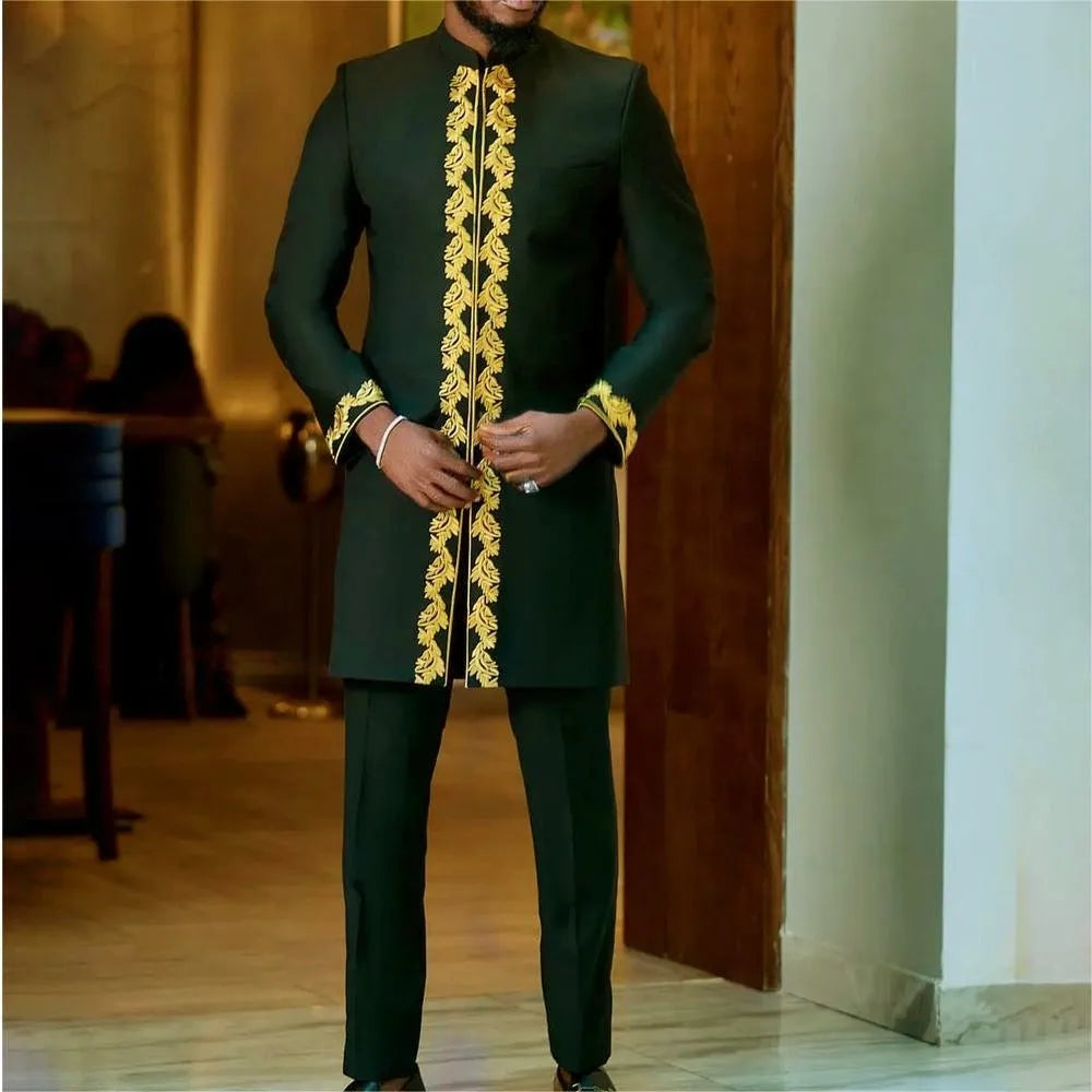 2024 African Dress, Men's groom shirt and trousers two-piece suit, embroidered .