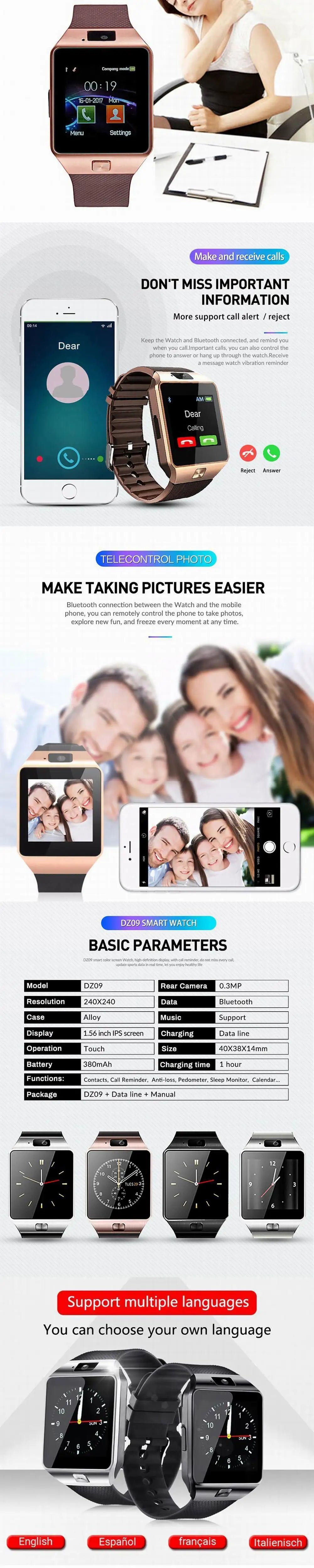 Smartwatch Smart Watch Phone with Sim Card DZ09 Q18 Call Me Sports Watches for Men Women Memory Cards Port Camera