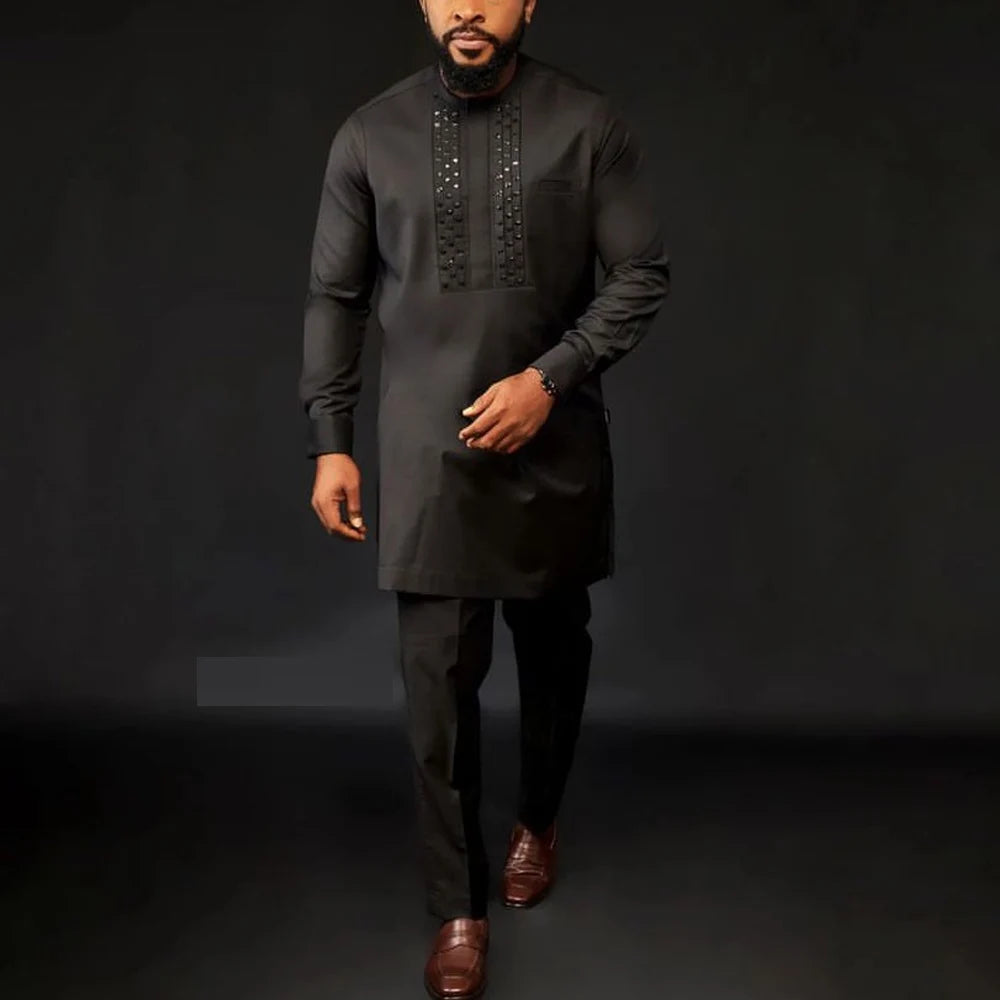 2024 African Dress, Men's groom shirt and trousers two-piece suit, embroidered .