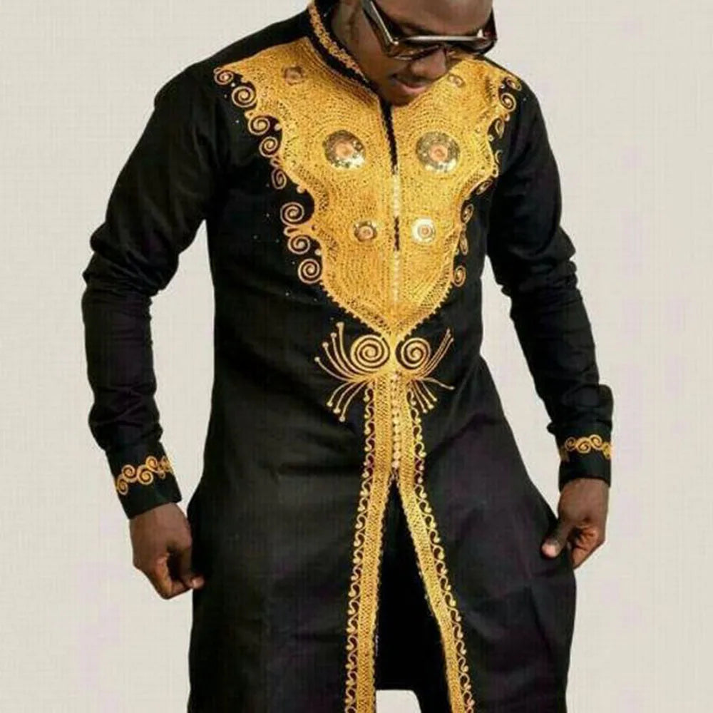 African Men Clothes Luxury Metallic Gold Printed Stand Collar Shirt African Men Traditional Outfit