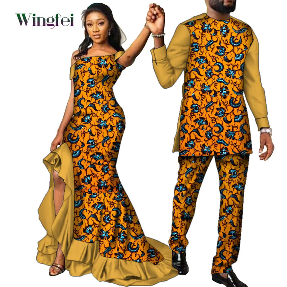 Fashion Couple African Dress Print Women Maxi Long Dresses Suit African Clothes Lovers Outfit