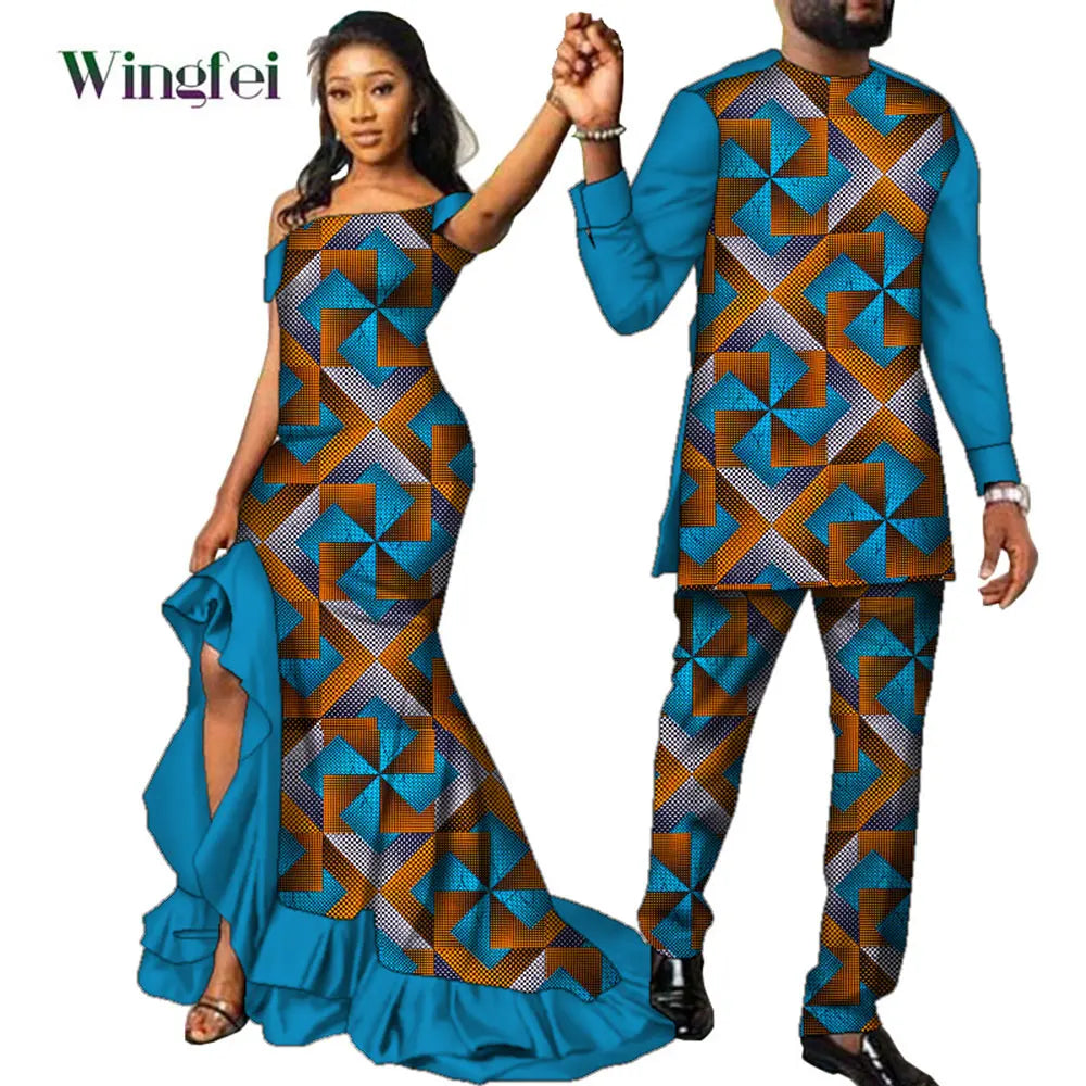 Fashion Couple African Dress Print Women Maxi Long Dresses Suit African Clothes Lovers Outfit