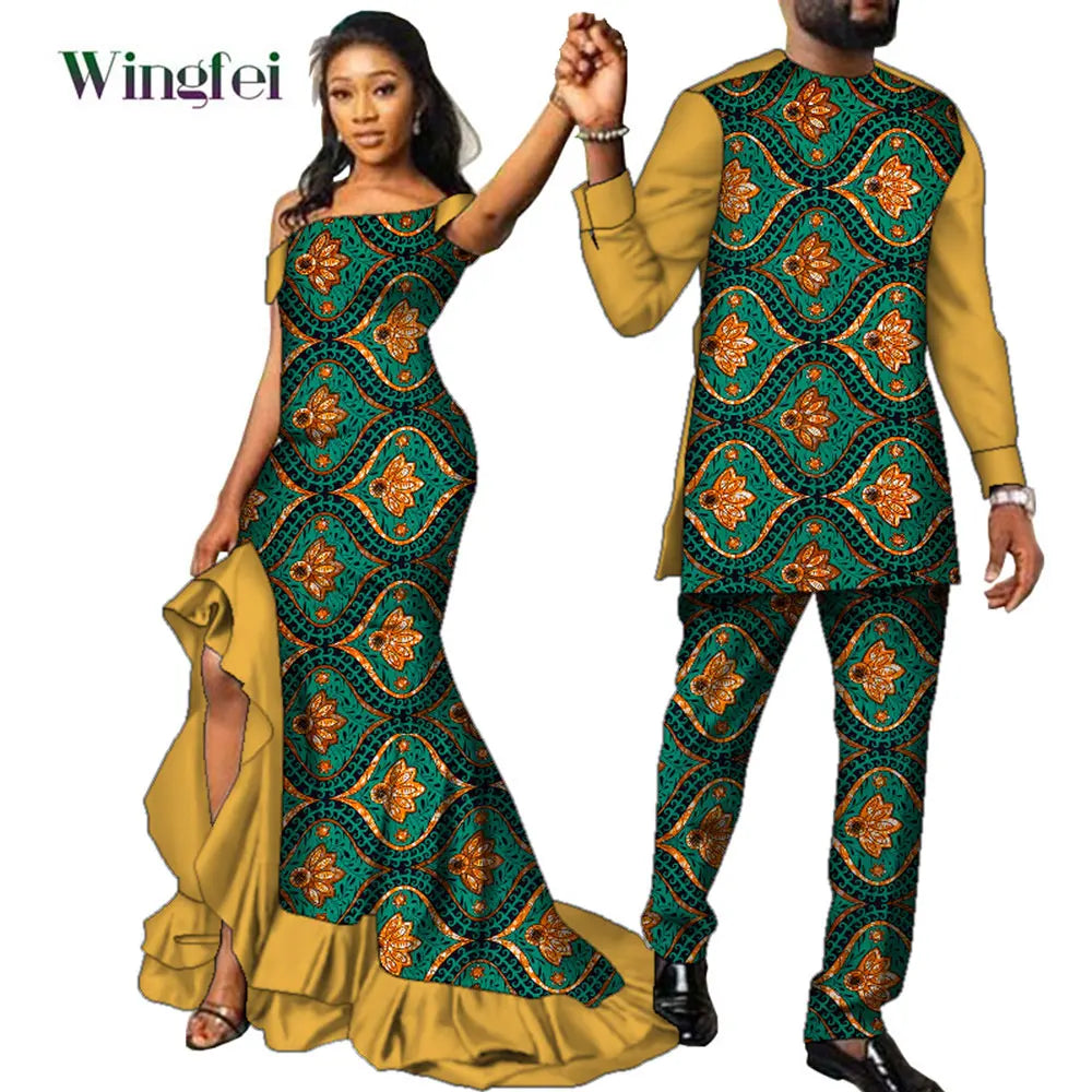 Fashion Couple African Dress Print Women Maxi Long Dresses Suit African Clothes Lovers Outfit