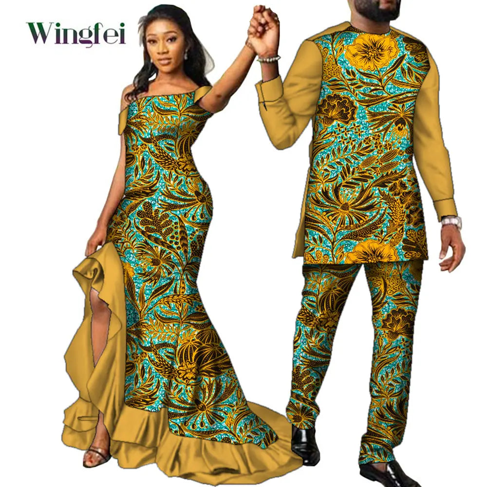 Fashion Couple African Dress Print Women Maxi Long Dresses Suit African Clothes Lovers Outfit