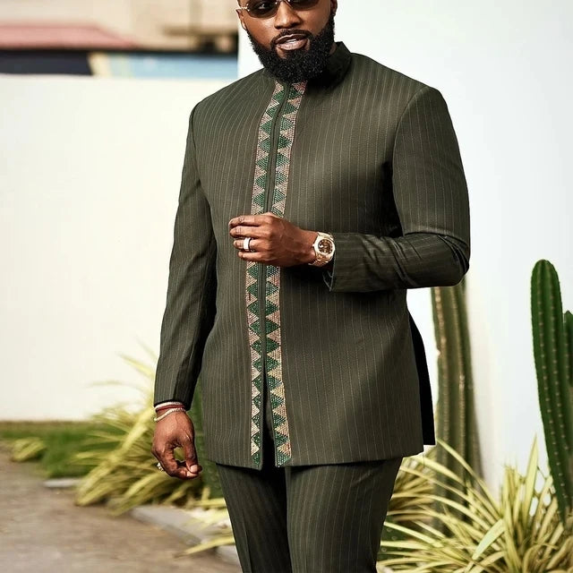 2024 African Dress, Men's groom shirt and trousers two-piece suit, embroidered .