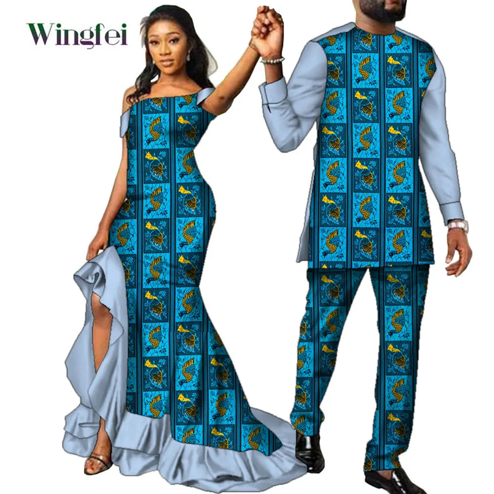 Fashion Couple African Dress Print Women Maxi Long Dresses Suit African Clothes Lovers Outfit