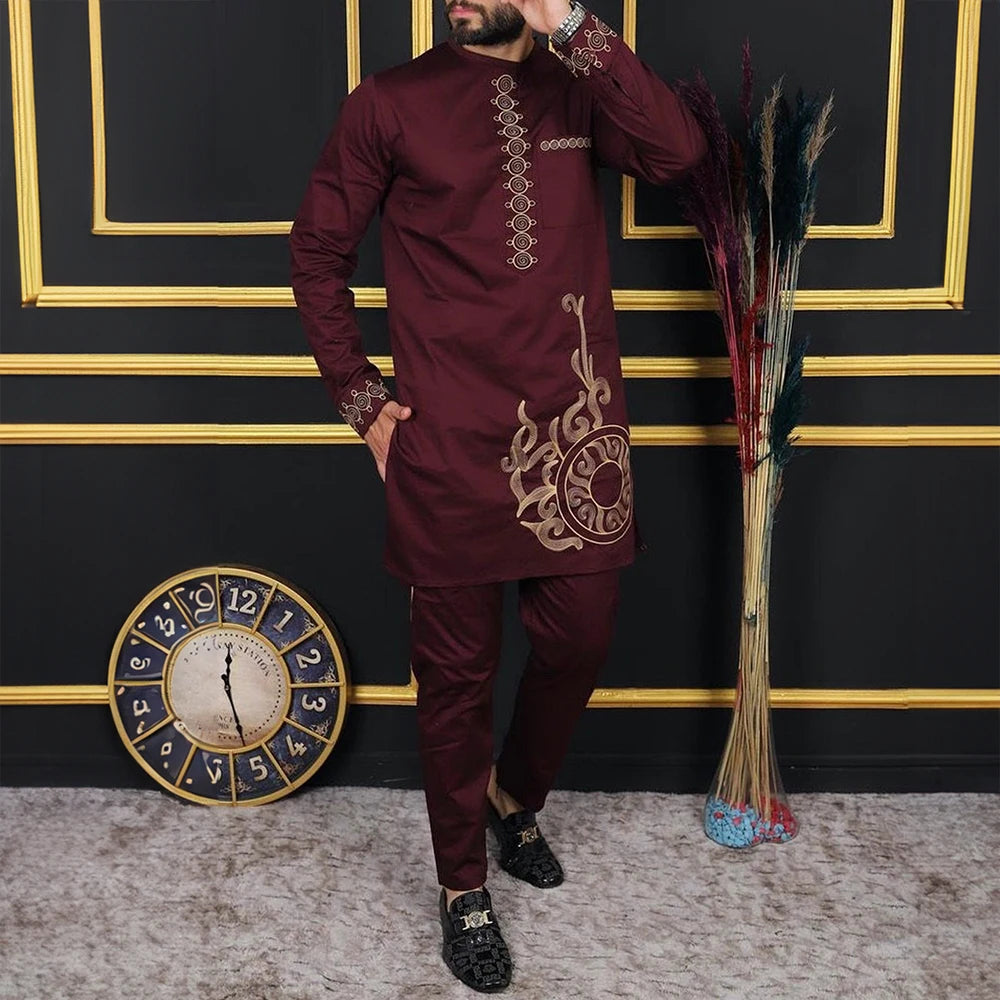 2024 African Dress, Men's groom shirt and trousers two-piece suit, embroidered .