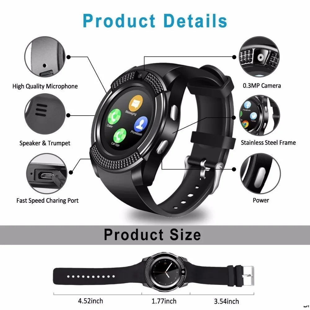 T8 V8 Bluetooth Sports Smart Watch with Camera WhatsApp Support SIM TF Card Call For Android Unisex