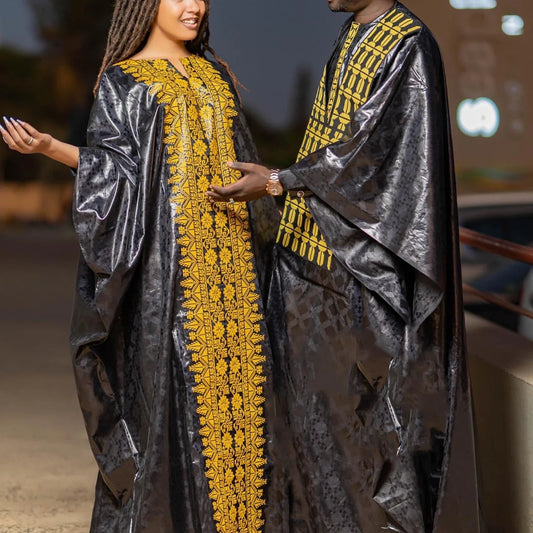 African Dresses For Couples Traditional  Bazin Embroidery Dresses Floor Length Dress With Scarf Couple Design