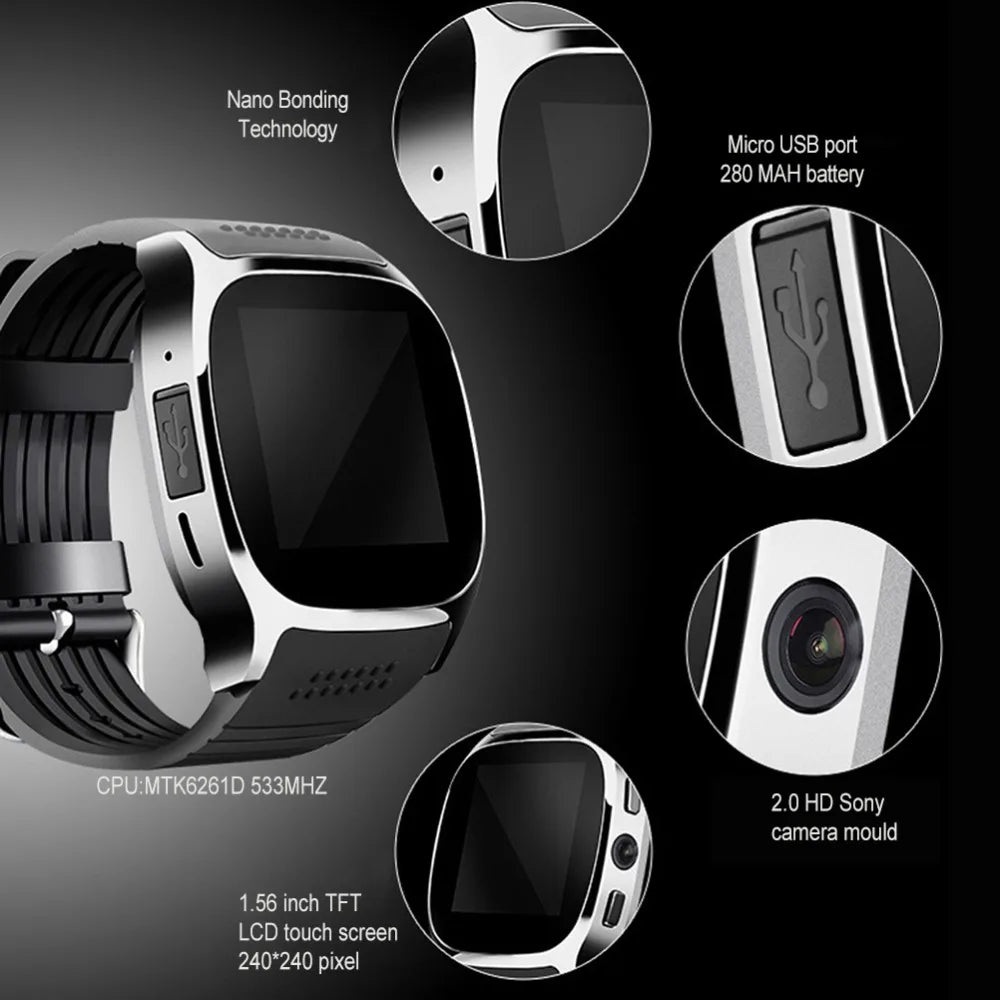 T8 V8 Bluetooth Sports Smart Watch with Camera WhatsApp Support SIM TF Card Call For Android Unisex